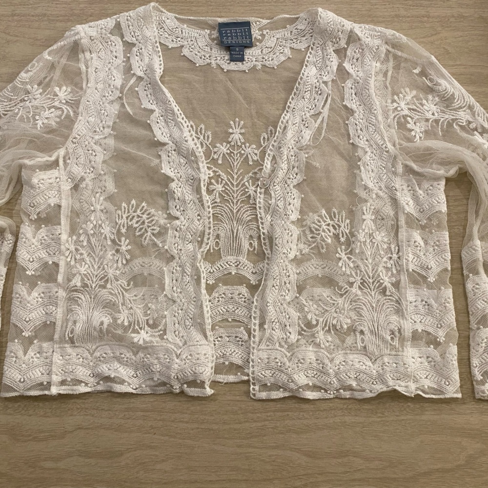 Fairycore gossamer boho chic lace sheer cropped open cardigan festival boudoir S